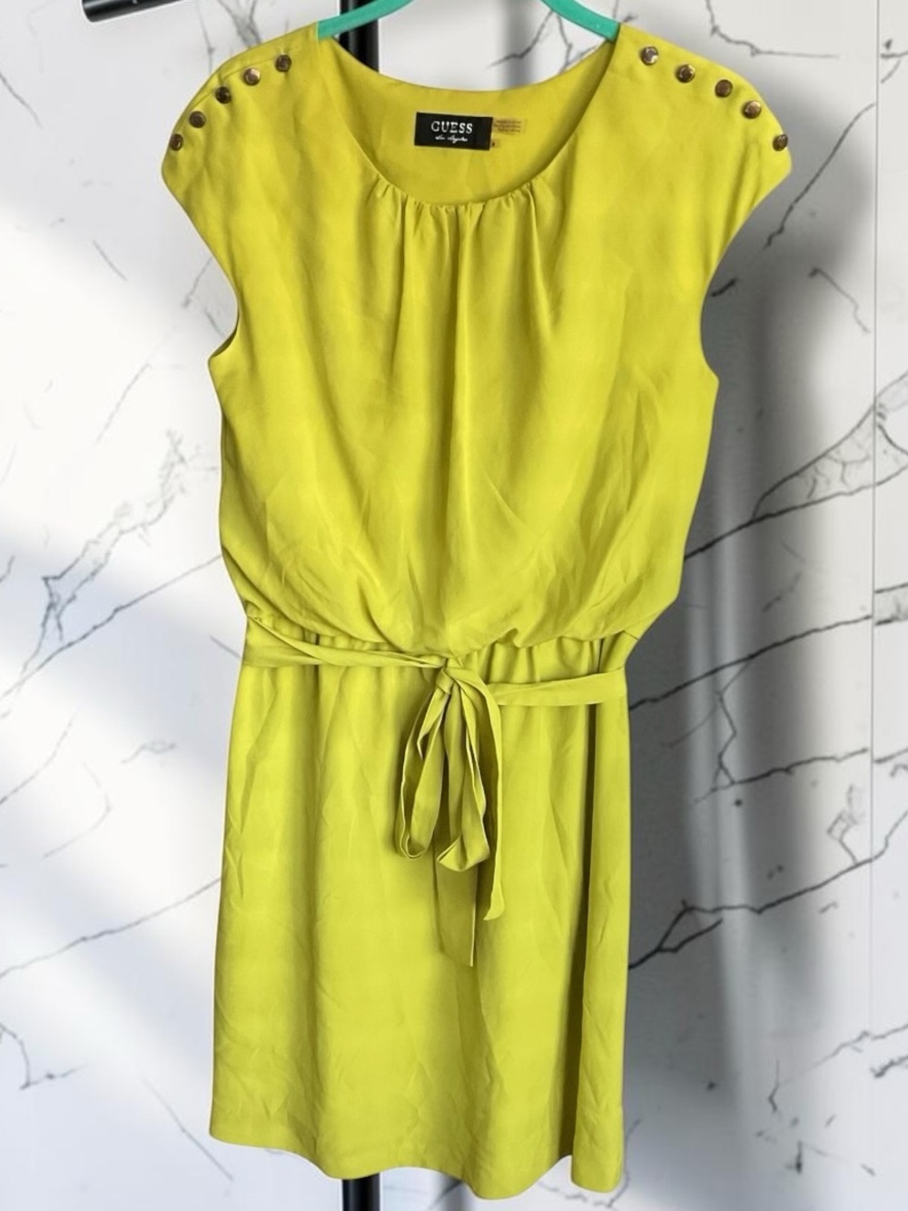 GUESS Lime Green Cap-Sleeve Self-Tie Mini Dress, P2P:18”, L:34”